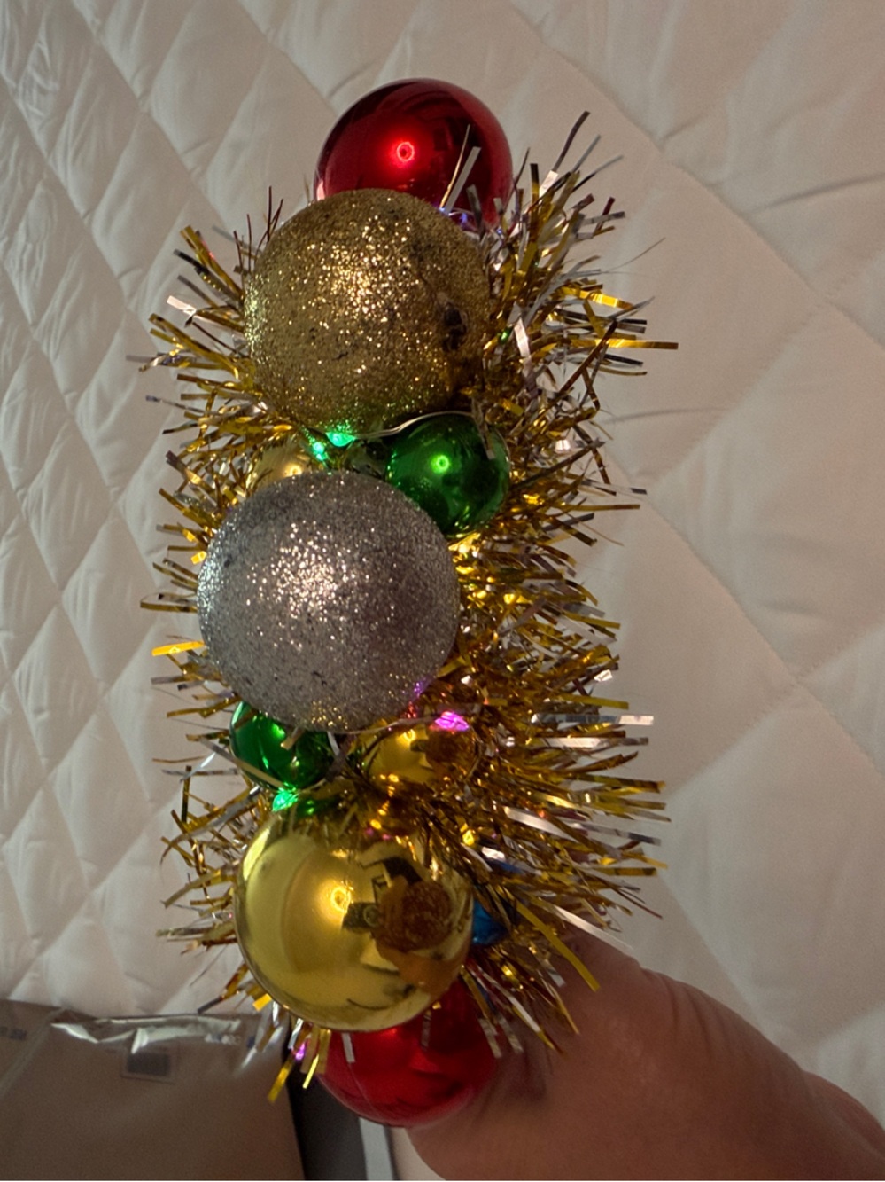Gold Tinsel Ball Holiday Headband with Red, Green, Silver Ornaments. Mini lights